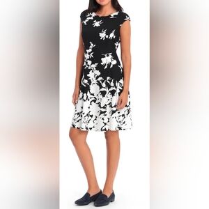 London Times Black & White Floral Midi Dress